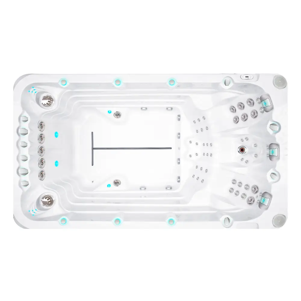 Vit PassionSpa Activity 1 Swim Spa med vit bad, silver munstycken och turkos belysning